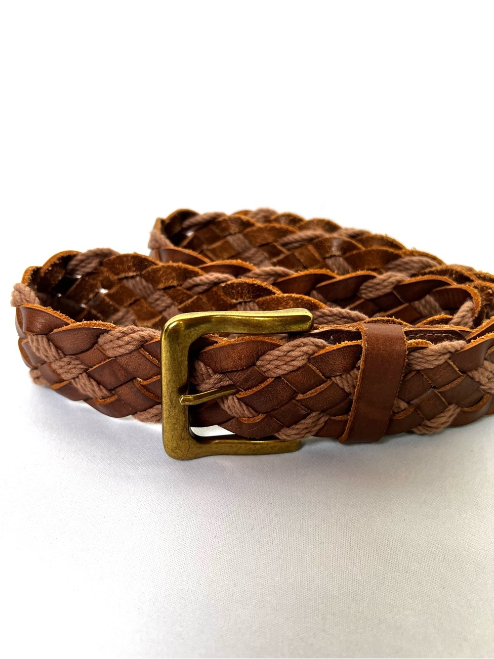 Lucky Brand Braided Leather Rope Belt Brown Brass Buckle Boho Size 34